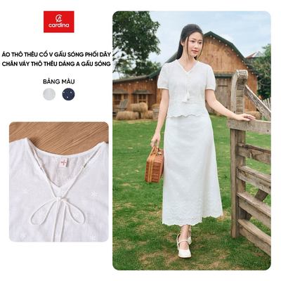 Đồ bộ nữ tách set CARDINA chất thô thêu áo tay cộc cổ V và chân váy dáng A viền gấu sóng 6AKC13, 6CVA13