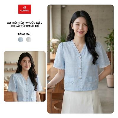 Áo sơ mi nữ CARDINA chất thô thêu tay cộc cổ V có túi nắp trang trí 6AKC21