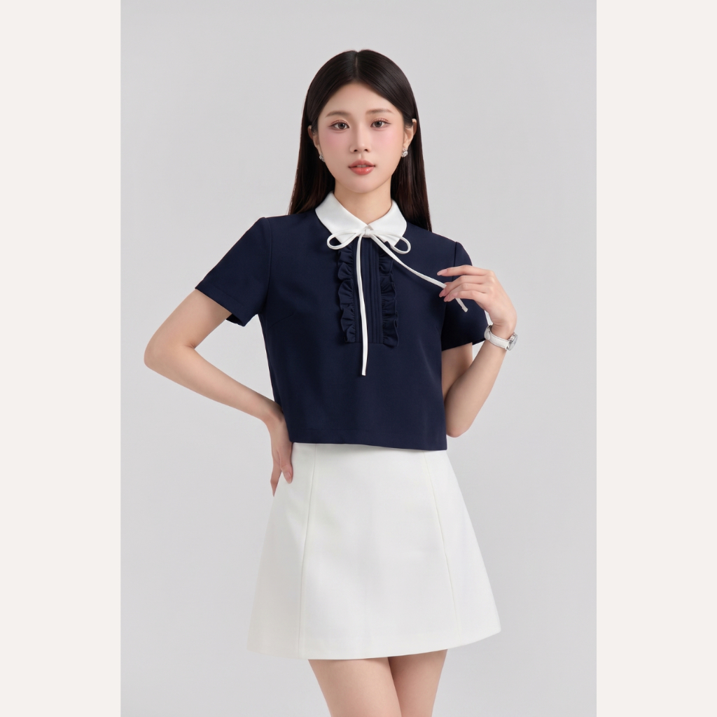 Áo kiểu nữ thiết kế nhún bèo xếp ngực phối nơ tiểu thư áo sơ mi cổ đức thanh lịch Linly Store A-PC11 | BigBuy360 - bigbuy360.vn