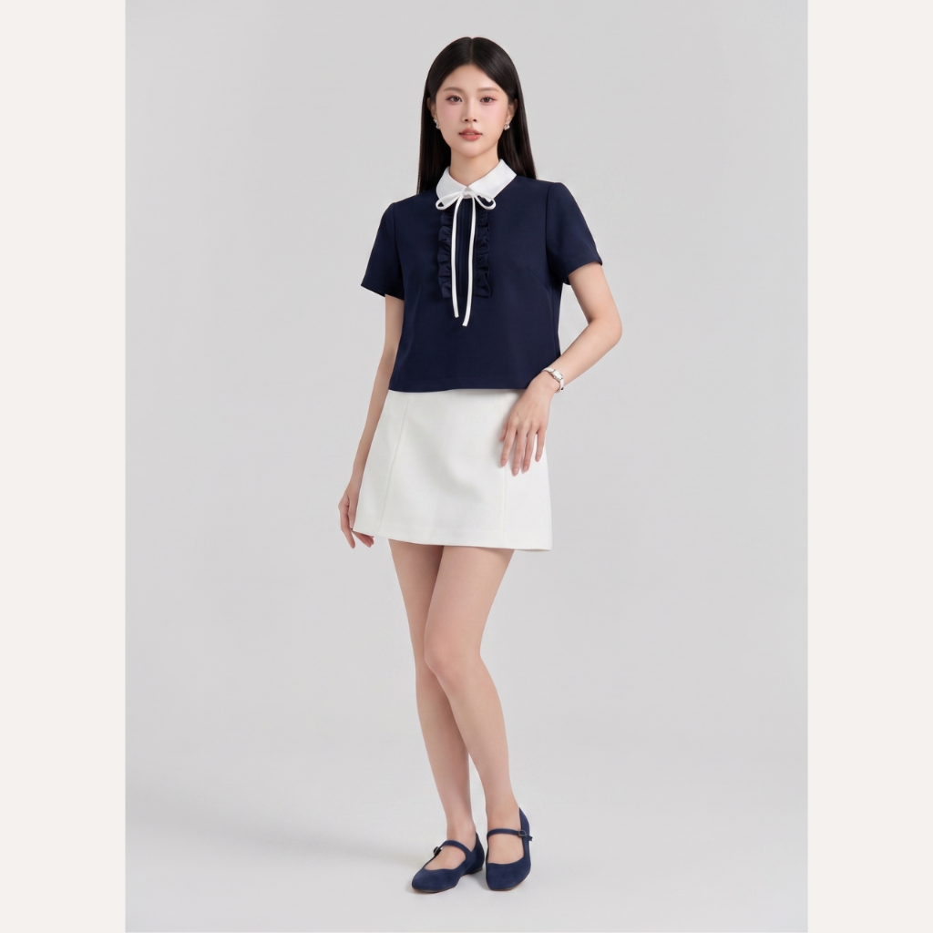 Áo kiểu nữ thiết kế nhún bèo xếp ngực phối nơ tiểu thư áo sơ mi cổ đức thanh lịch Linly Store A-PC11 | BigBuy360 - bigbuy360.vn