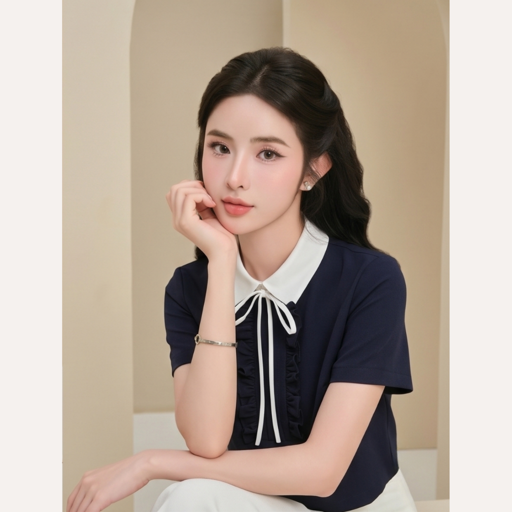Áo kiểu nữ thiết kế nhún bèo xếp ngực phối nơ tiểu thư áo sơ mi cổ đức thanh lịch Linly Store A-PC11 | BigBuy360 - bigbuy360.vn