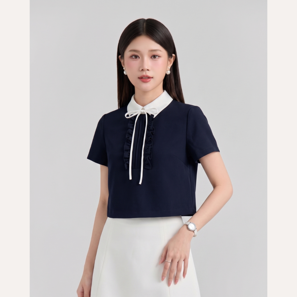 Áo kiểu nữ thiết kế nhún bèo xếp ngực phối nơ tiểu thư áo sơ mi cổ đức thanh lịch Linly Store A-PC11 | BigBuy360 - bigbuy360.vn