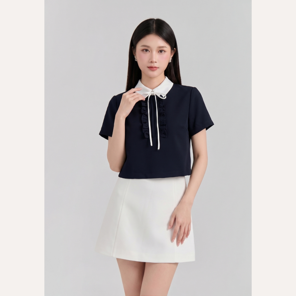 Áo kiểu nữ thiết kế nhún bèo xếp ngực phối nơ tiểu thư áo sơ mi cổ đức thanh lịch Linly Store A-PC11 | BigBuy360 - bigbuy360.vn