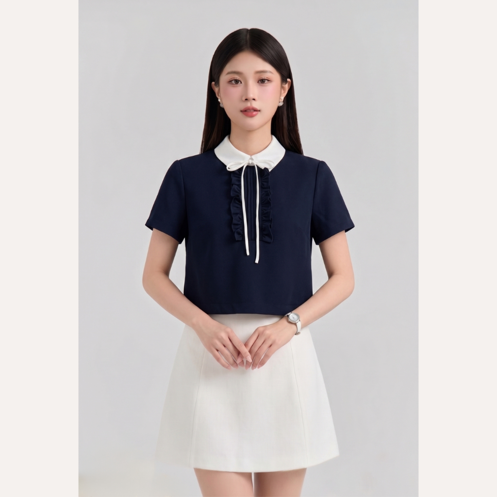 Áo kiểu nữ thiết kế nhún bèo xếp ngực phối nơ tiểu thư áo sơ mi cổ đức thanh lịch Linly Store A-PC11 | BigBuy360 - bigbuy360.vn