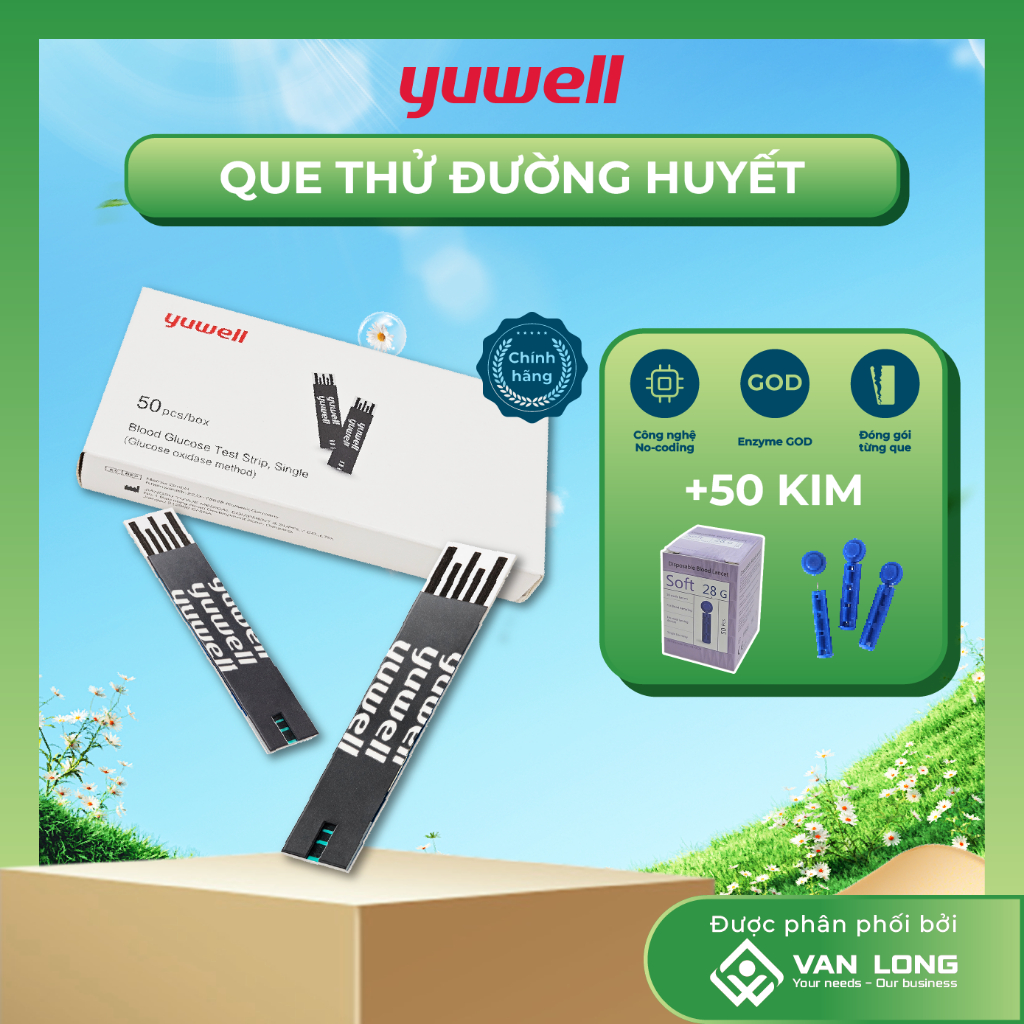 Que thử đường huyết Yuwell Y330 Hộp 50 que dùng với máy đo đường huyết Yuwell 582. Tặng 50 kim.