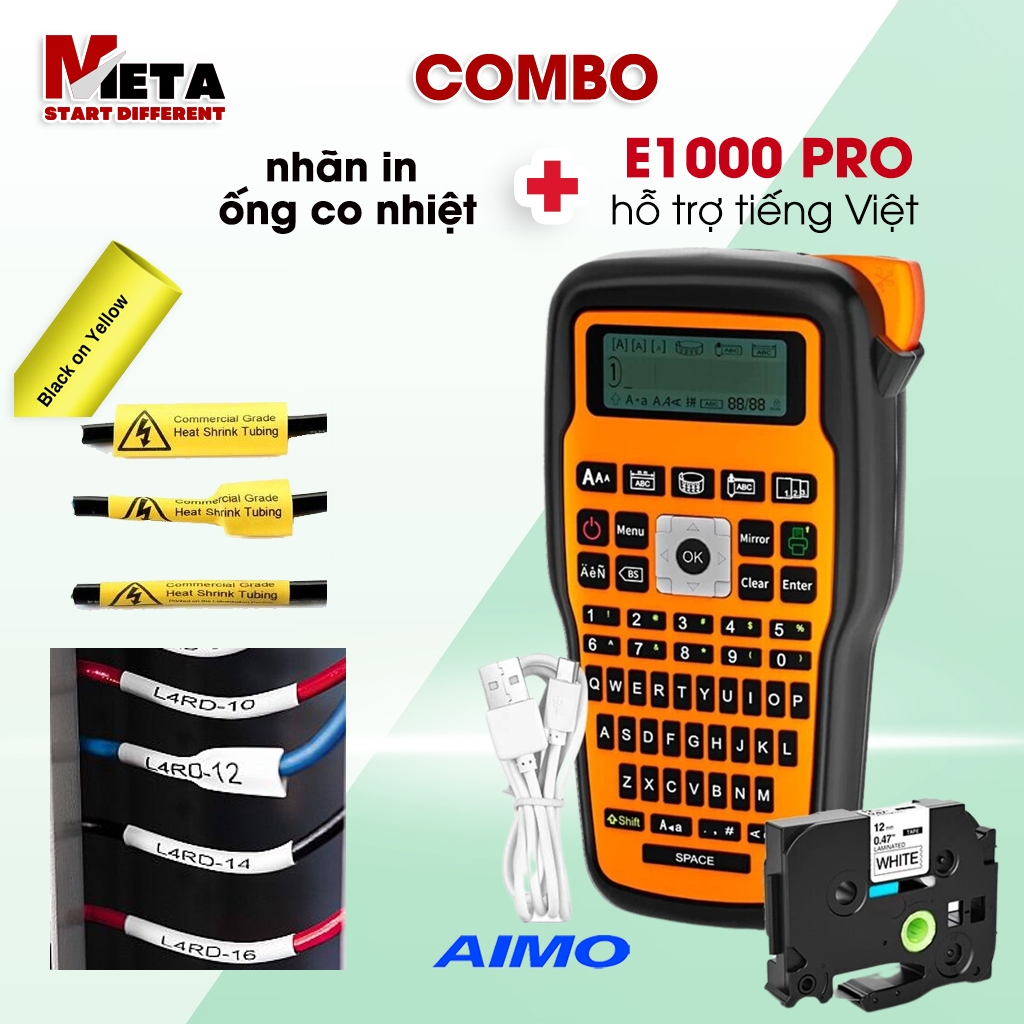 COMBO Máy In Nhãn E1000 Pro + 3 Cuộn Nhãn Co Nhiệt Màu Vàng Dùng Thi Công Điện Mạng