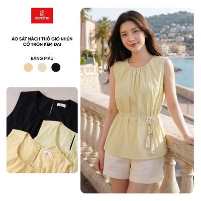 Áo kiểu nữ CARDINA chất liệu thô gió sát nách nhún cổ tròn kèm đai 6AKS08