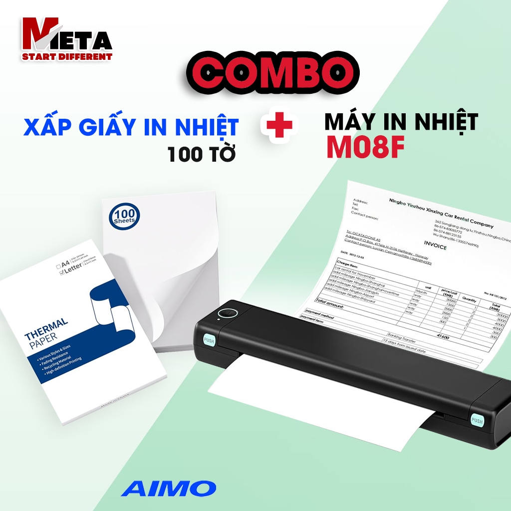 COMBO [ 01 Máy in nhiệt M08F + Xấp Giấy In Nhiệt Chính Hãng AIMO ]