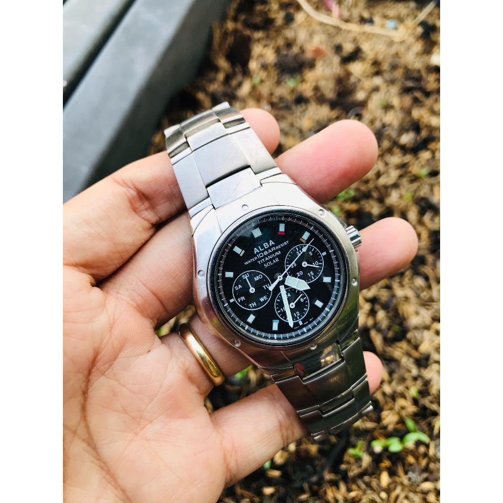 Đồng hồ nam si nhật Alba nhà seiko 6kim size 38mm pin solar dây vỏ titanium tay 18cm đổ lại