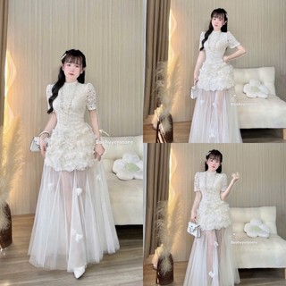 Đầm nữ thời trang ren dài đính hoa 3D cổ tròn phối tùng lưới tay ngắn lửng dáng xòe đi tiệc đi cưới sang trọng