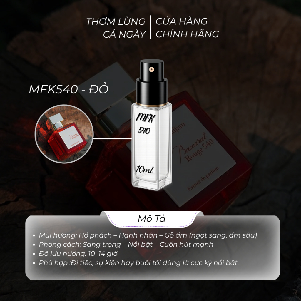 Nước hoa MFK540 Đỏ chiết 10ml hương thơm Sang trọng, Tinh tế, Cuốn hút lưu hương trên 10 tiếng
