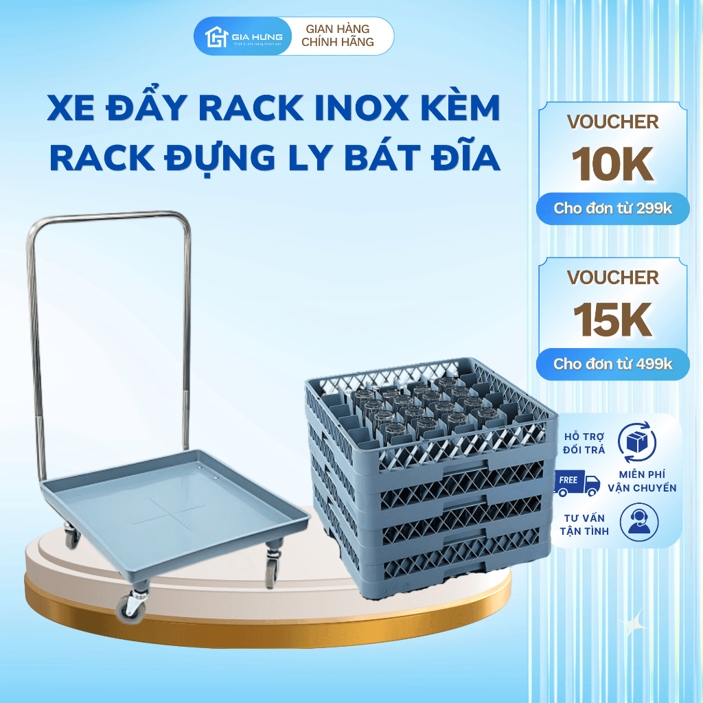 Xe Đẩy Rack Inox Kèm Rack Đựng Ly Bát Đĩa Dao Thìa Chuyên Dụng Nhà Hàng Khách Sạn