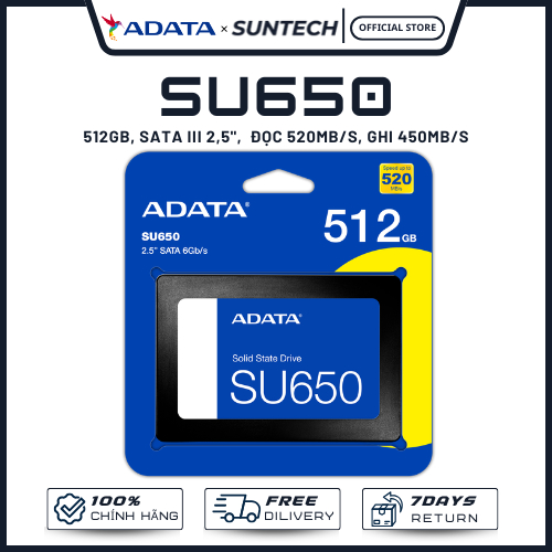Ổ Cứng SSD ADATA SU650 512GB SATA III - Dung Lượng Lớn, Công Nghệ 3D NAND, Tăng Tốc Toàn Diện