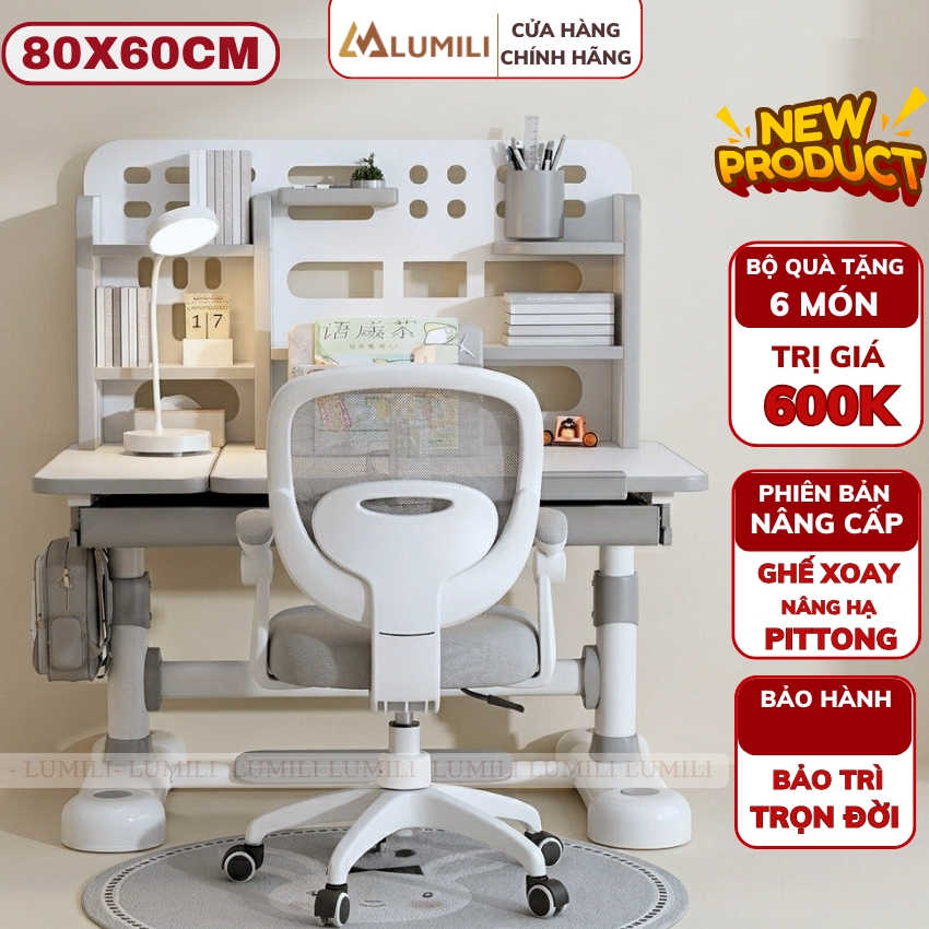 Bộ bàn ghế học sinh chống gù chống cận Lumili E13, bàn ghế ngồi học cho bé nâng hạ độ cao thông minh