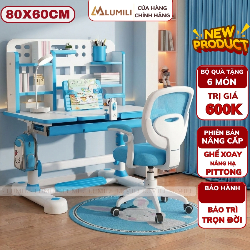 Bàn học chống gù Lumili E13, bộ bàn ghế ngồi học trẻ em chống gù chống cận mặt bàn ngăn đôi thông mi