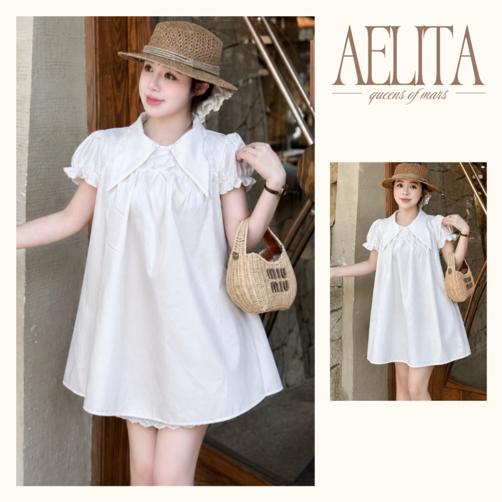 Váy babydoll trắng cố sơ mi tay phồng nữ tính nàng thơ kèm quần bảo hộ AELITA - TR29