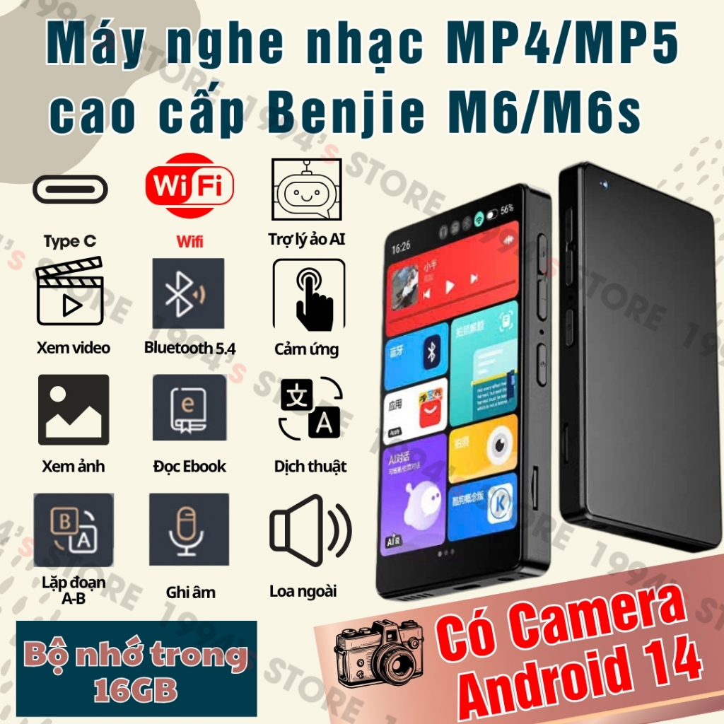 Benjie M6/M6s - Máy Nghe Nhạc Android 14 MP4/MP5 - Bộ nhớ trong 16Gb - Có Camera - CÓ WiFi/Bluetooth