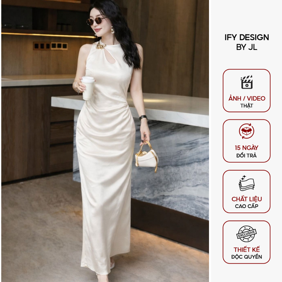 Váy lụa cao cấp IFY Design cổ khoét giọt nước, nhún eo, tôn dáng thướt tha - VA2757