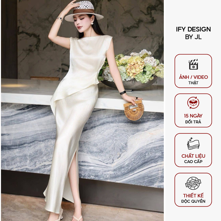 Set váy lụa cao cấp IFY Design Áo Thiết kế vạt chéo, cách điệu phối chân váy dài thướt tha - SL0357
