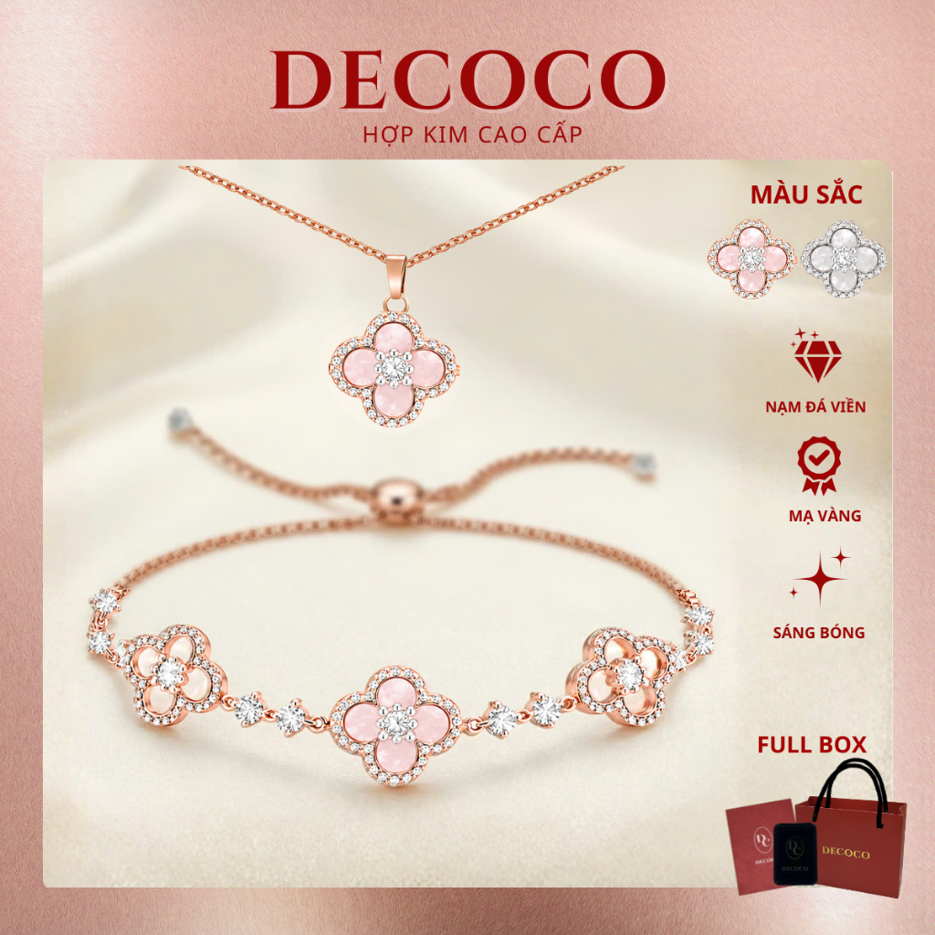 Set vòng cổ và vòng tay SAKURA cỏ 4 lá charm hoa đá xà cừ mạ vàng trắng DECOCO ACC ( kèm Túi giấy + 