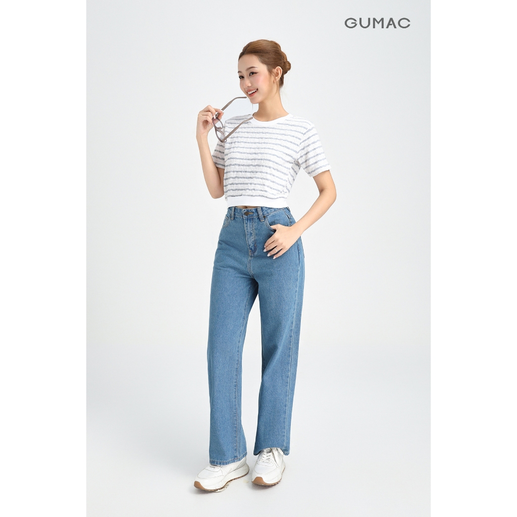 Áo Thun Nữ GUMAC Áo Phông Kiểu Kẻ Sọc Ngang Dáng Ngắn Bo Eo Co Giãn Mềm Mát LATF0514 | BigBuy360 - bigbuy360.vn
