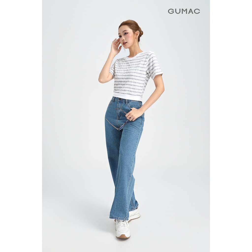 Áo Thun Nữ GUMAC Áo Phông Kiểu Kẻ Sọc Ngang Dáng Ngắn Bo Eo Co Giãn Mềm Mát LATF0514 | BigBuy360 - bigbuy360.vn