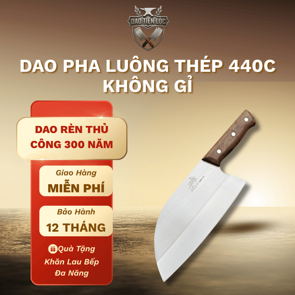 Dao Pha Luông Tú Dao Rèn Thép 440C Không Gỉ Cán Gỗ Mun BH 12 Tháng