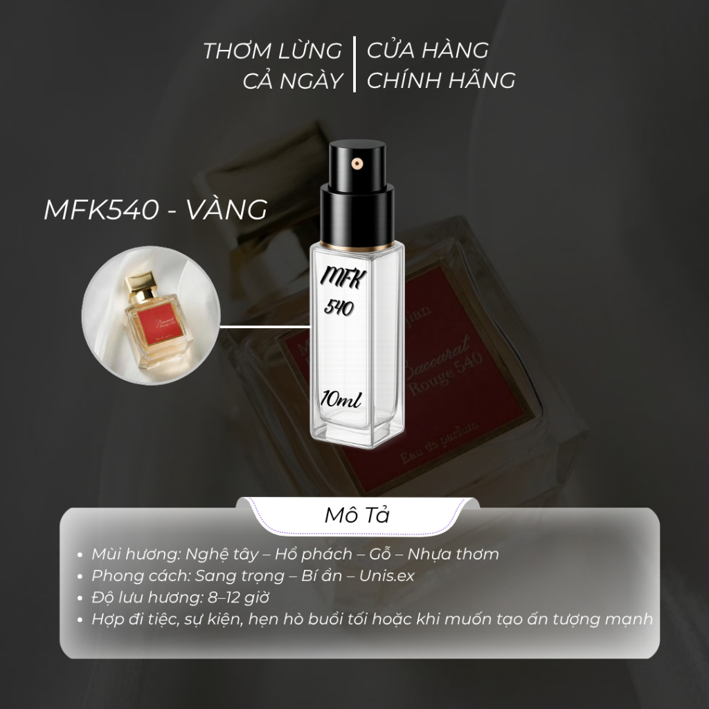 Nước hoa MFK540 VÀNG chiết 10ml hương thơm Sang trọng, Tinh tế, Cuốn hút lưu hương trên 10 tiếng