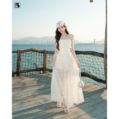Đầm đi biển nữ Twentyfive hai dây maxi vải ren hoa 4 tầng cao cấp DL100