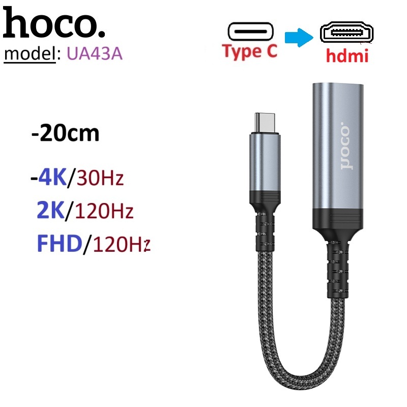 Đầu chuyển Type C to HDMI (female) 2K 120Hz/ 1080P 120Hz Hoco UA43A dài 20cm -Bảo hành 6 tháng