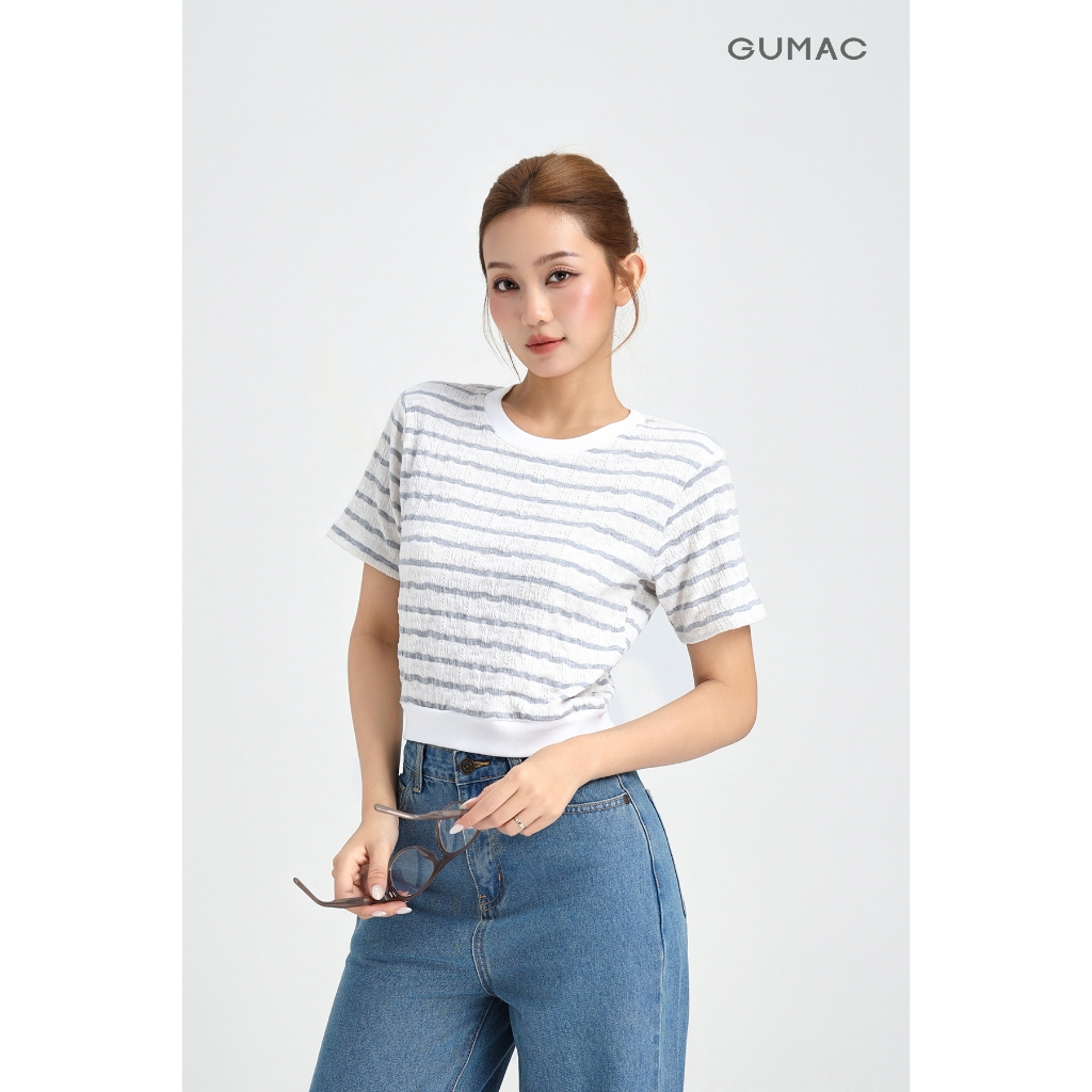 Áo Thun Nữ GUMAC Áo Phông Kiểu Kẻ Sọc Ngang Dáng Ngắn Bo Eo Co Giãn Mềm Mát LATF0514 | BigBuy360 - bigbuy360.vn