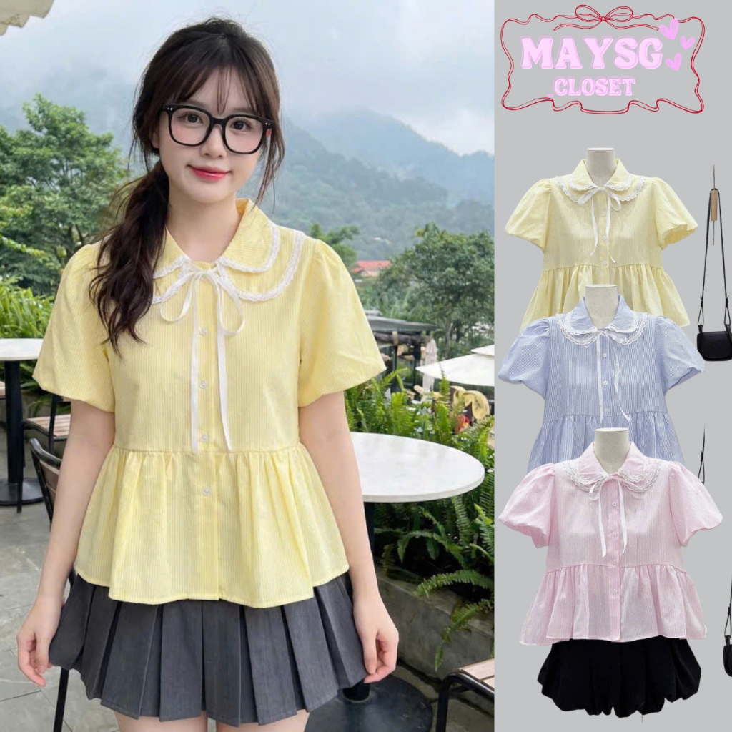 Áo Sơ Mi Nữ Dáng Babydoll Cổ Sen 2 Lá Phối Ren Cộc Tay Có Bigsize 45-75kg Phong Cách Korea (50 Cenvi