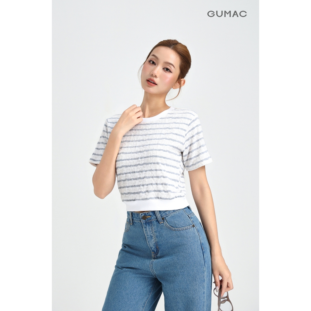 Áo Thun Nữ GUMAC Áo Phông Kiểu Kẻ Sọc Ngang Dáng Ngắn Bo Eo Co Giãn Mềm Mát LATF0514 | BigBuy360 - bigbuy360.vn