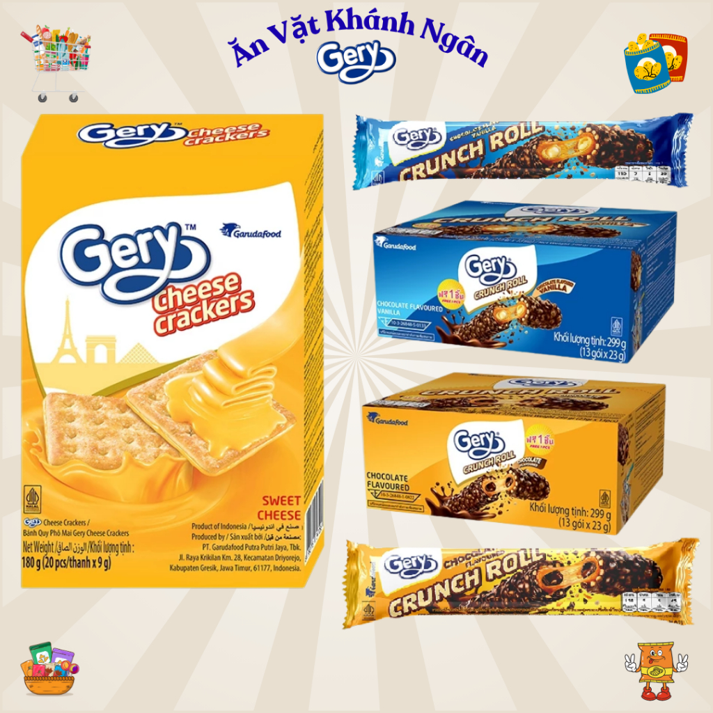 Bánh Quy Phô Mai Gery Cheese Crackers và Bánh Cuộn Gery Crunch Roll Phủ Socola - HÀNG CHÍNH HÃNG