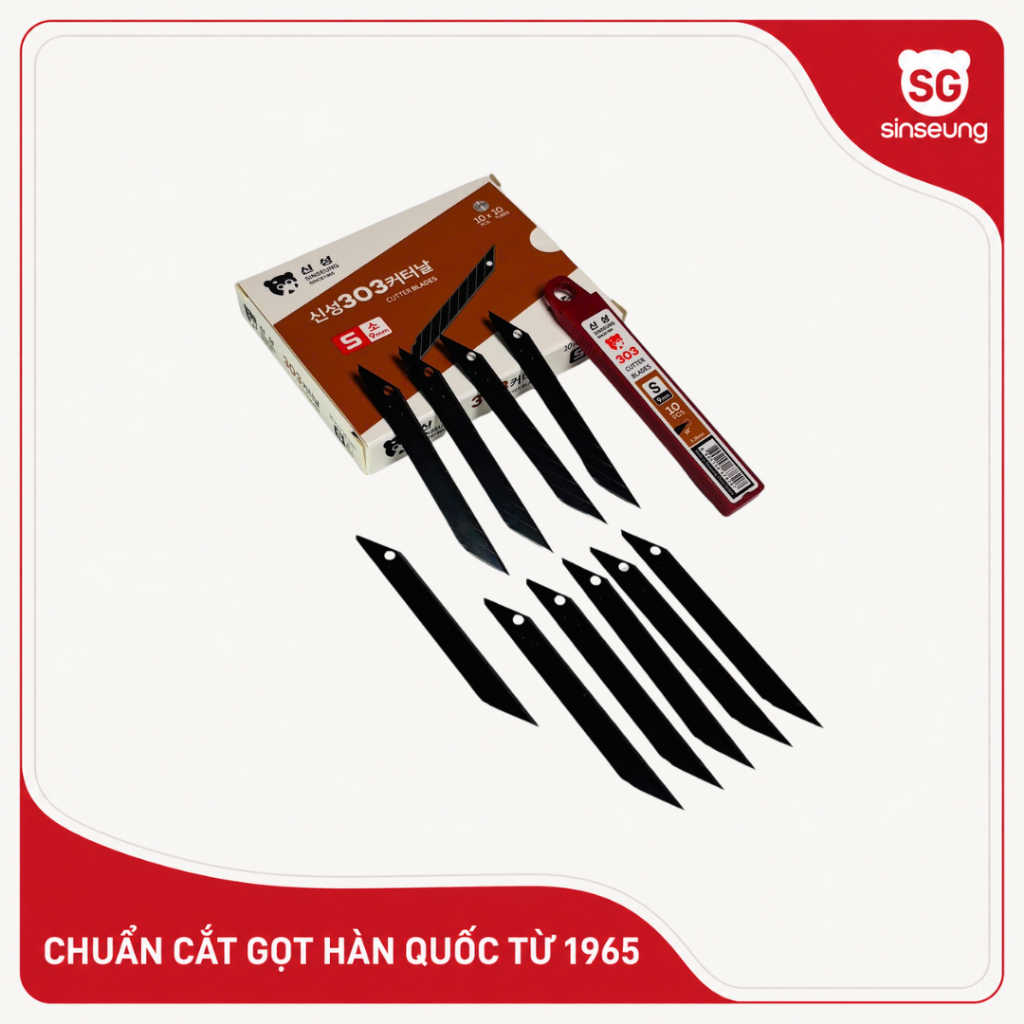 Lưỡi dao rọc SINSEUNG S303 9mm, góc nhọn 30°, độ cứng 63HRC (quy cách hộp 10 lưỡi)
