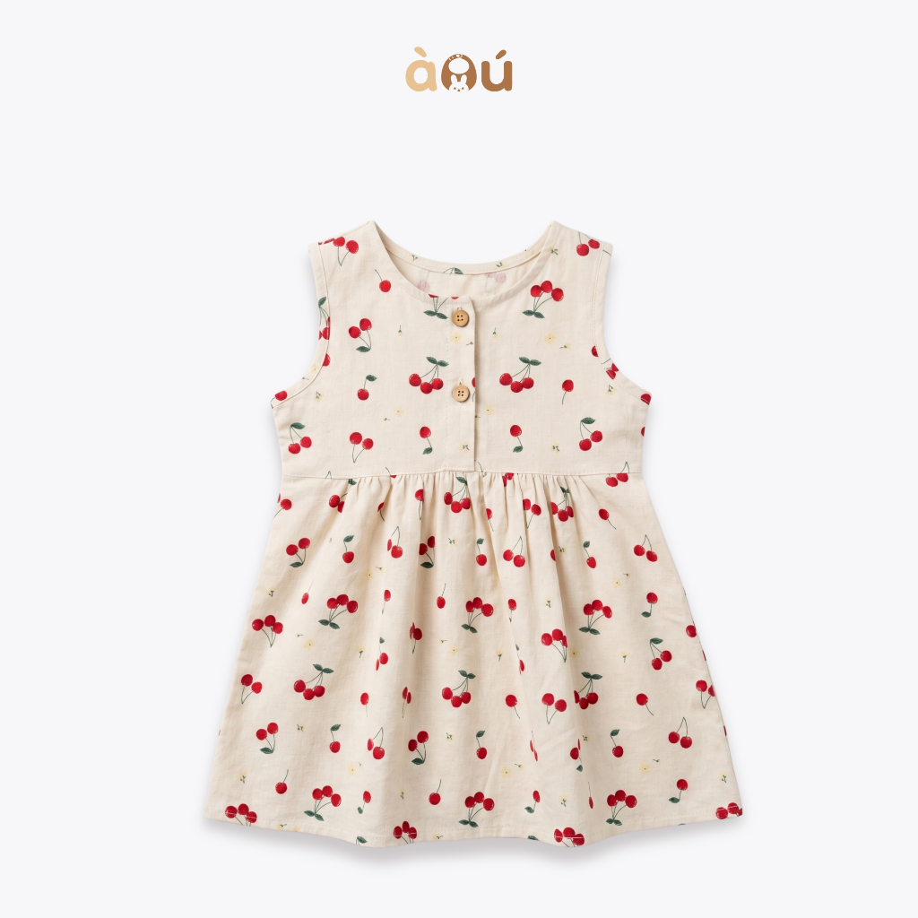 Đầm linen cherry mùa hè cho bé gái À Ú - Vải linen mềm mại an toàn lành tính cho làn da của bé
