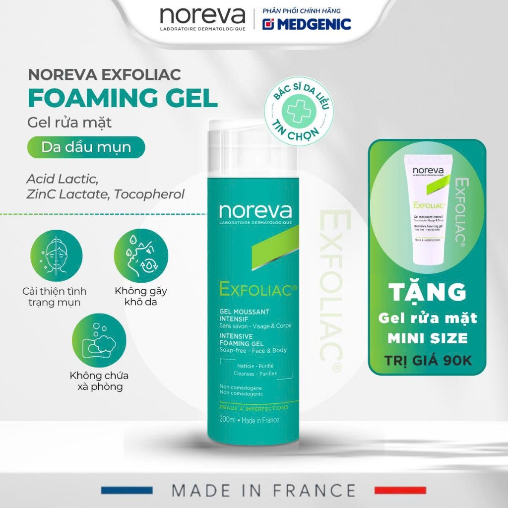 SỮA RỬA MẶT CHUYÊN BIỆT CHO DA DẦU MỤN – NOREVA EXFOLIAC INTENSIVE FOAMING GEL 200ML