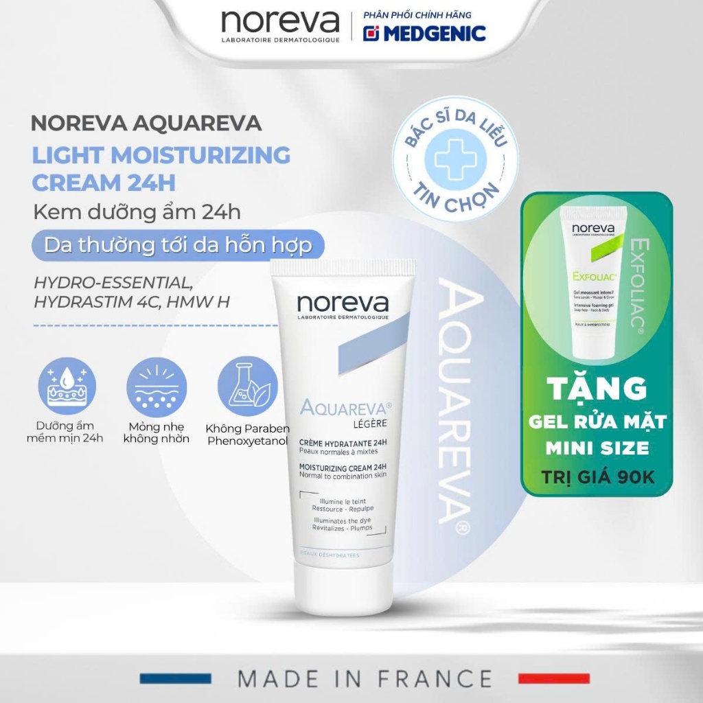 KEM DƯỠNG ẨM NOREVA AQUAREVA MOISTURIZING SERUM 24H (40ML) chuyên sâu giúp cấp nước, khóa ẩm