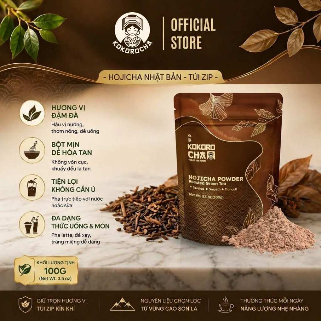 Bột Hojicha KOKOROCHA 100g | Bột Hojicha Trà Xanh Rang Ít Caffeine, Pha Hojicha Latte Thay Matcha | 