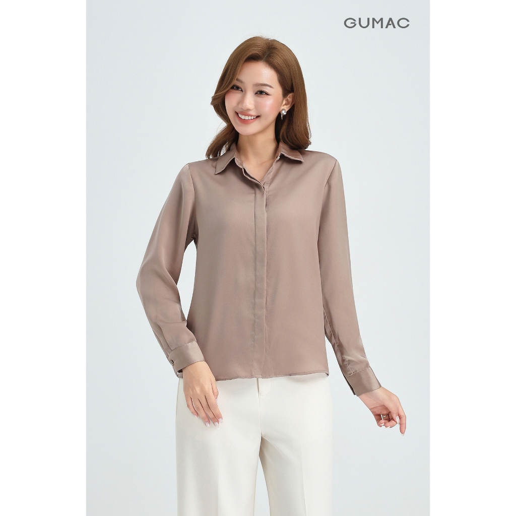Áo Sơ Mi Nữ Tay Dài GUMAC Áo Kiểu Công Sở Lụa Trơn Basic Cơ Bản Nẹp Đôi Giấu Nút Thanh Lịch BAE00003 | BigBuy360 - bigbuy360.vn