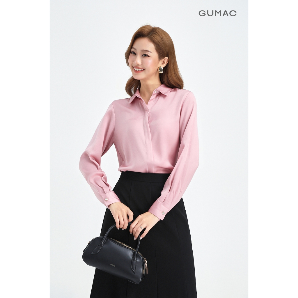 Áo Sơ Mi Nữ Tay Dài GUMAC Áo Kiểu Công Sở Lụa Trơn Basic Cơ Bản Nẹp Đôi Giấu Nút Thanh Lịch BAE00003 | BigBuy360 - bigbuy360.vn