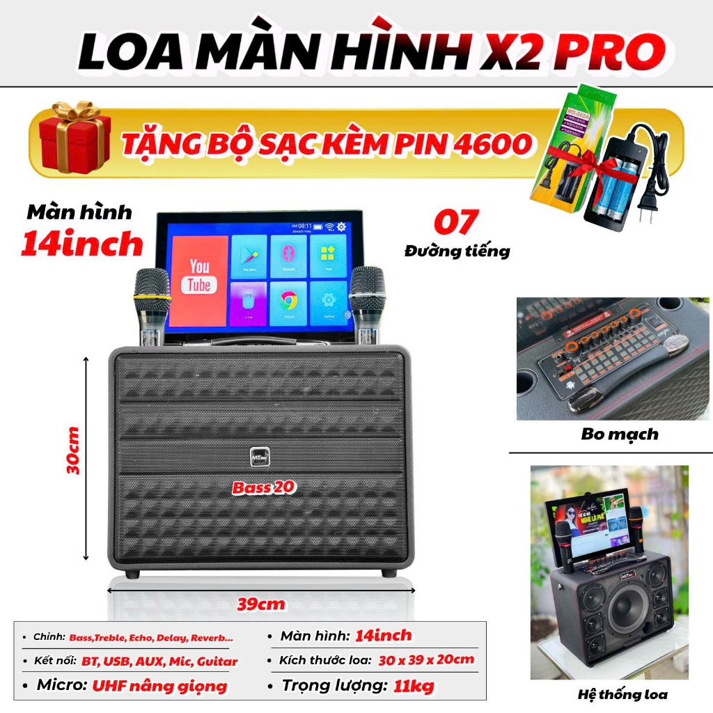 Loa karaoke gia đình có màn hình MTMAX X2 pro – Màn Hình 14 Inch Xem Phim Hát Karaoke Kèm 2 micro pi