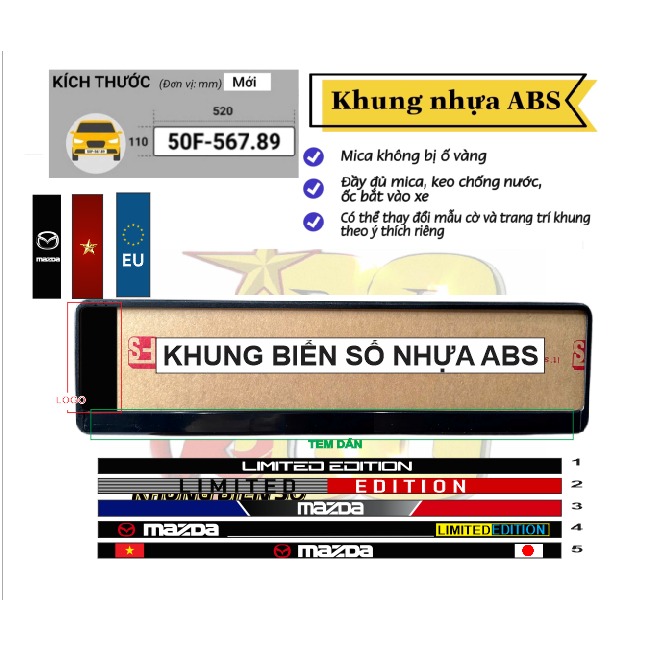 Khung Biển Số Ô Tô Mazda cho biển dài mới cấp khung nhựa ABS và nhôm CNC
