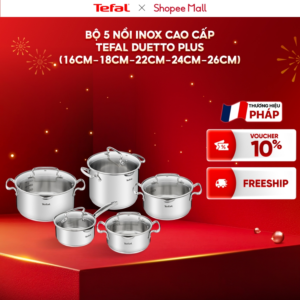 Bộ 5 nồi Inox cao cấp Tefal Duetto Plus (quánh 16cm, nồi hầm 18/20/24 cm, nồi luộc gà 22cm)