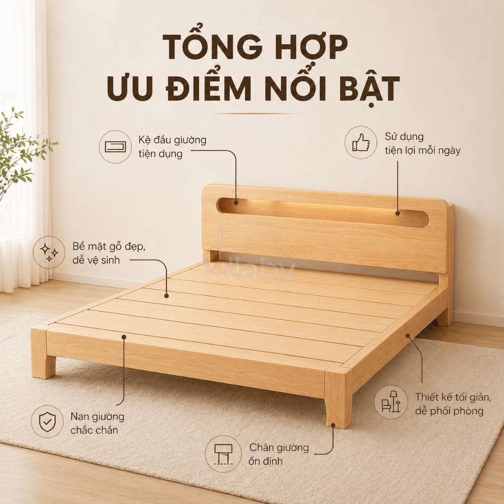 Lullaby giường gỗ Tự Nhiên 100 Khung lưu trữ Đầu giường trọng tối đa 600kg Có các kích120/150/180cm | BigBuy360 - bigbuy360.vn