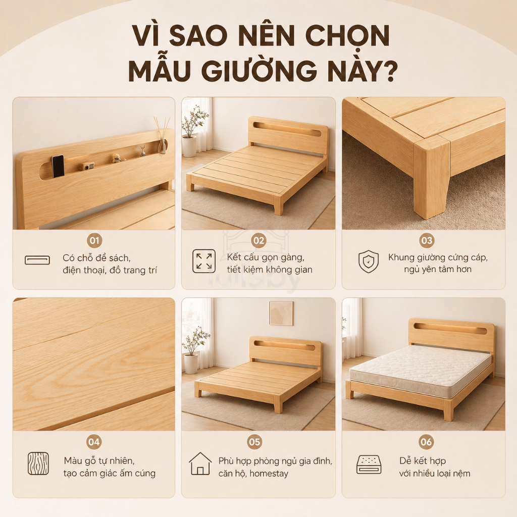 Lullaby giường gỗ Tự Nhiên 100 Khung lưu trữ Đầu giường trọng tối đa 600kg Có các kích120/150/180cm | BigBuy360 - bigbuy360.vn