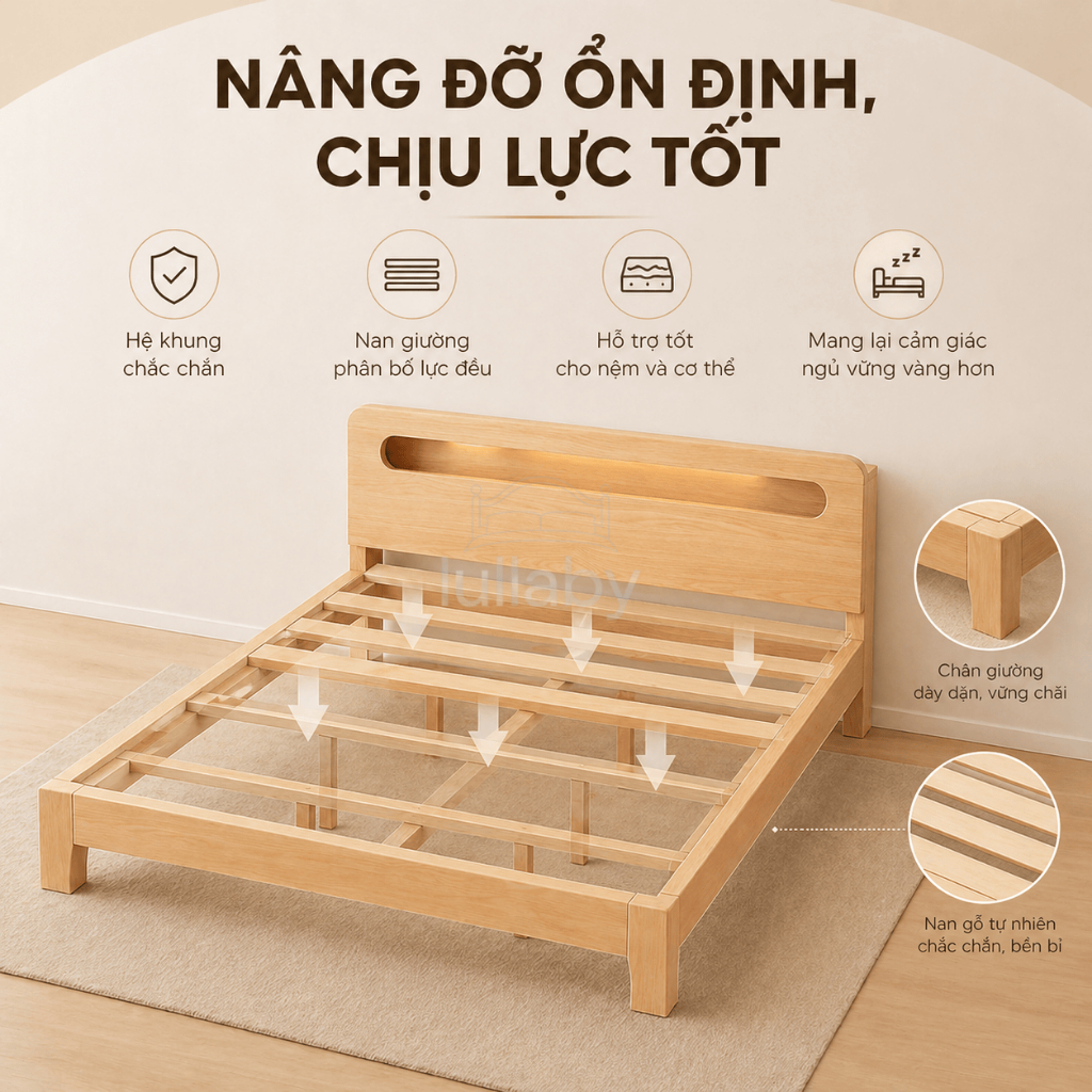Lullaby giường gỗ Tự Nhiên 100 Khung lưu trữ Đầu giường trọng tối đa 600kg Có các kích120/150/180cm | BigBuy360 - bigbuy360.vn