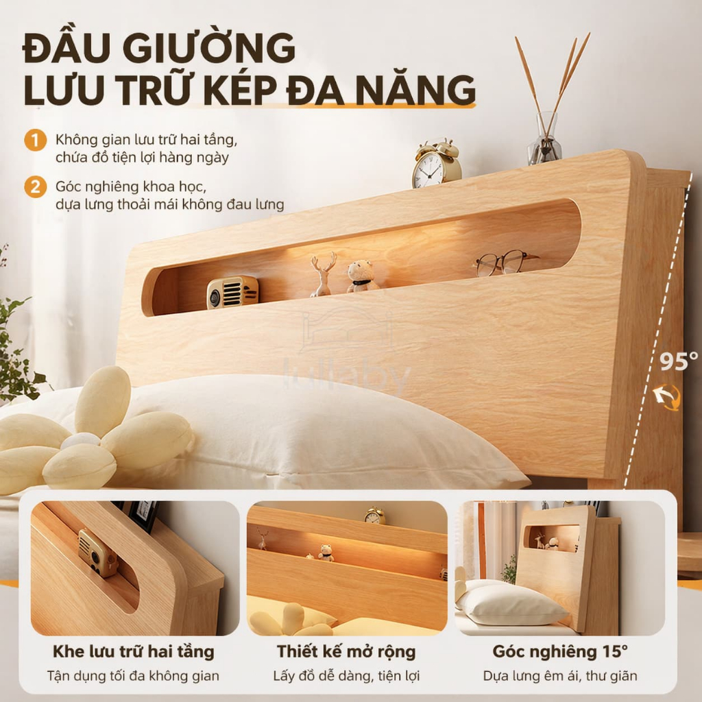 Lullaby giường gỗ Tự Nhiên 100 Khung lưu trữ Đầu giường trọng tối đa 600kg Có các kích120/150/180cm | BigBuy360 - bigbuy360.vn