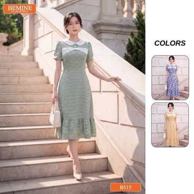 Đầm thiết kế BEMINE cổ sen phối nơ caro dáng chữ A phù hợp đi chơi-B515