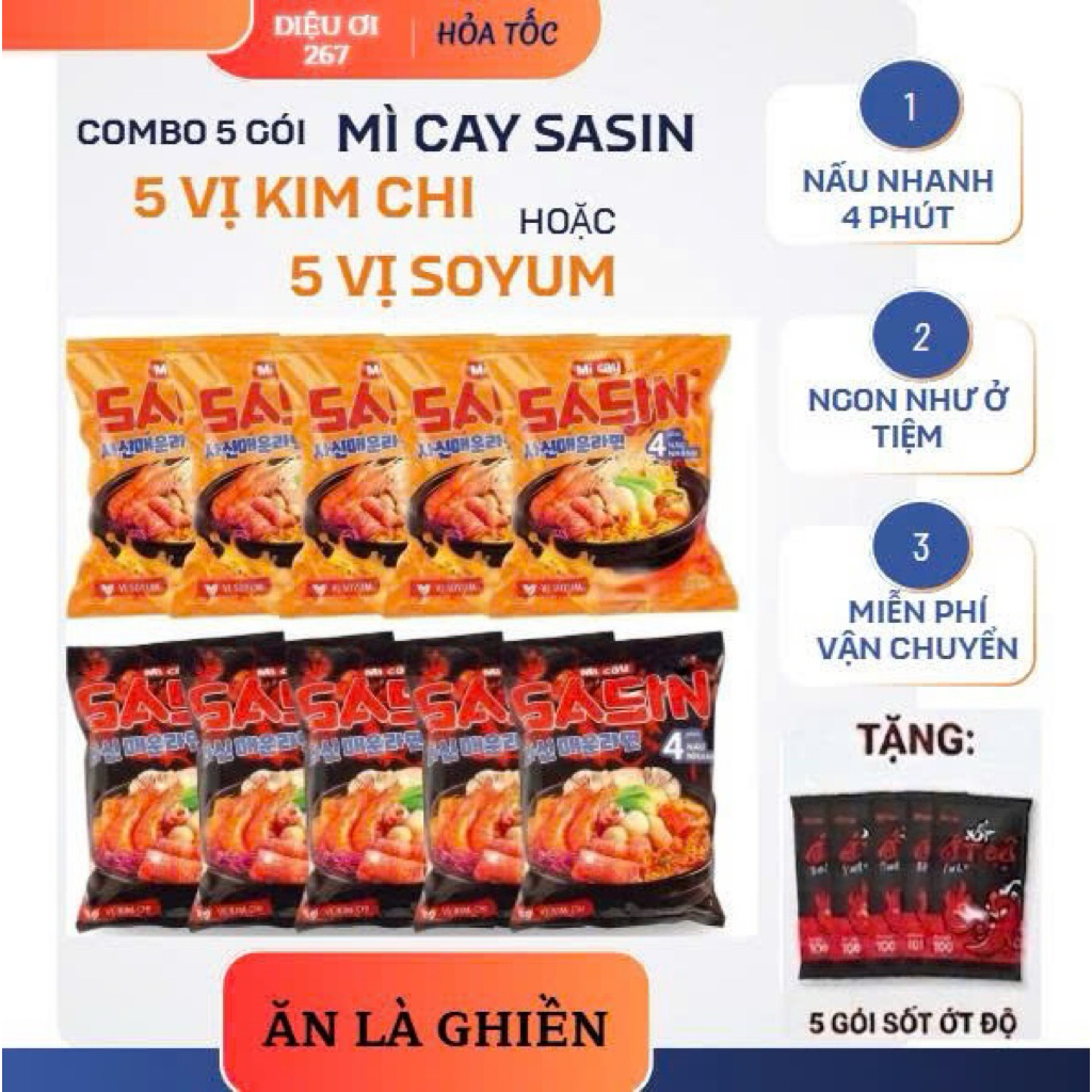 [ COMBO 5 gói] Mì Cay SaSin *CHỌN VỊ* Tặng 5 gói xốt ớt độ - CHUẨN VỊ MÌ CAY SASIN